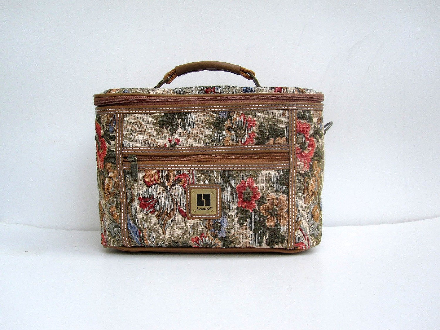 Train Case Tapestry Carry On Luggage by Leisure Cosmetic Case or Weekender Bag Taupe and Pink