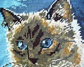 needlepoint tapestry Siam cat, kitten, vintage, one of a kind, france