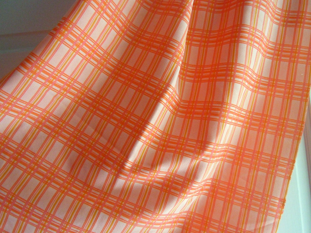 Orange, Peach, and Yellow Plaid Vintage Polyester Fabric Remnant