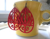 Red wood filigree teardrop earrings