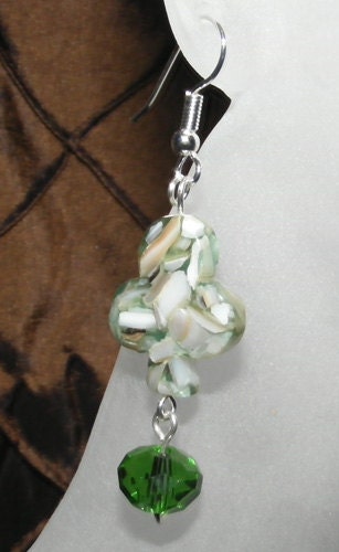 Green Shell and Resin Club Shaped Earrings with Emerald Green Crystal