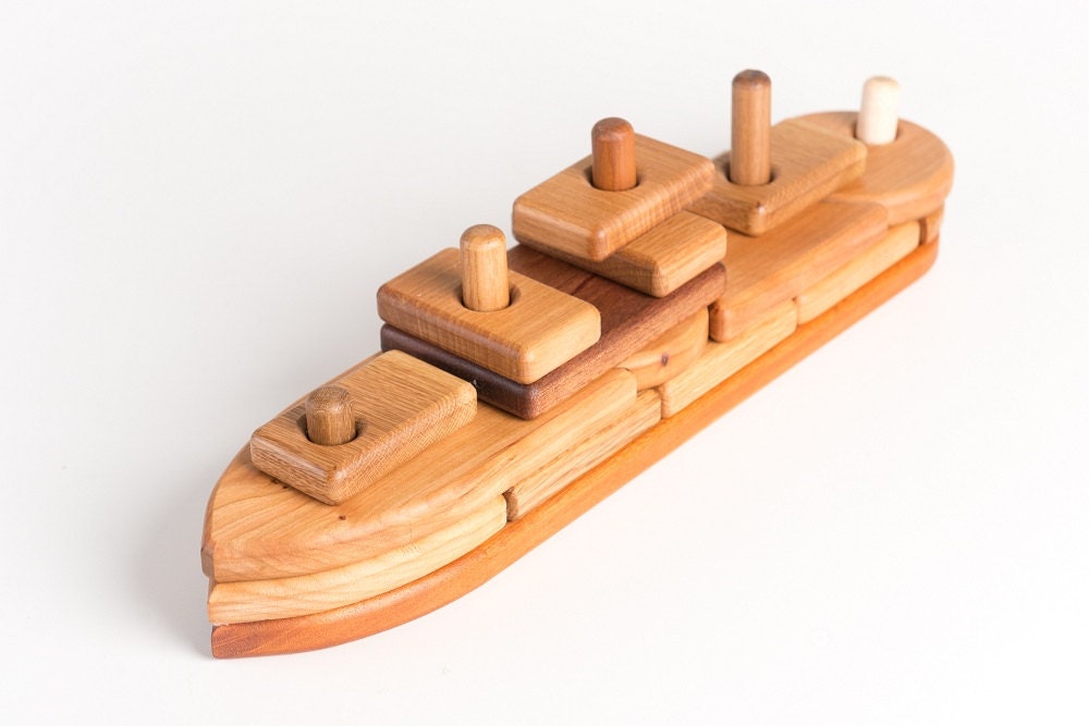 Wooden Toy Boat Organic Educational Wooden Boat Puzzle Block Set