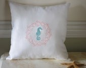 Beach Decor White Linen Sea Horse and Coral Embroidered 16x16 Pillow