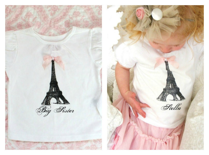 Personalized & Screen Printed Eiffel Tower Baby Girl  Tee / T-Shirt OR Short Sleeve. Big Sister, Little Sister, Paris Birthday