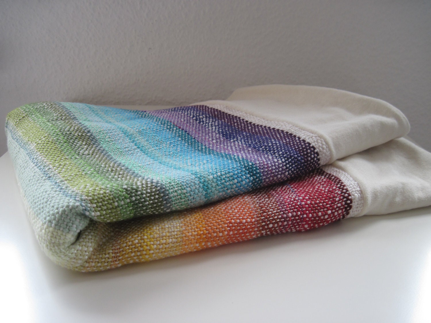 Organic Baby Blanket handwoven Rainbow- bordered and backed with Organic Cotton/ Hemp, Last one available until Summer 2013