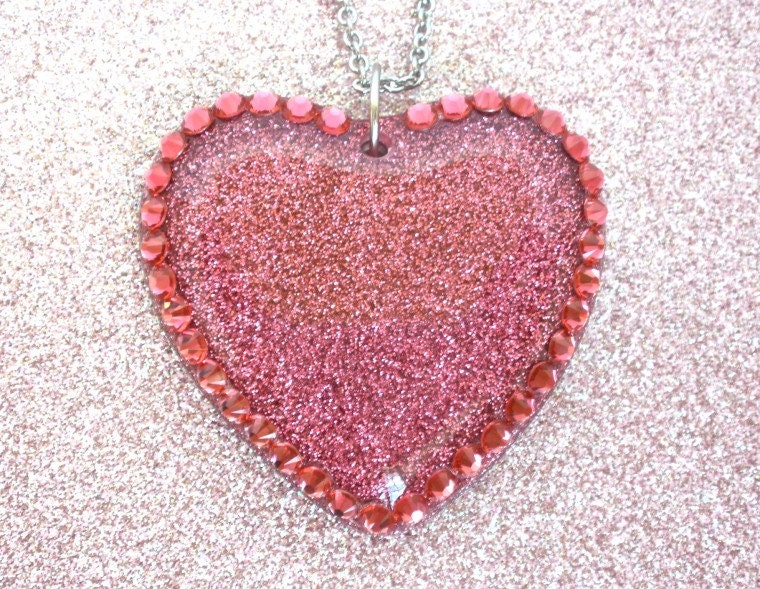 Hot Pink Resin Glitter Heart Swarovski Pendant Necklace