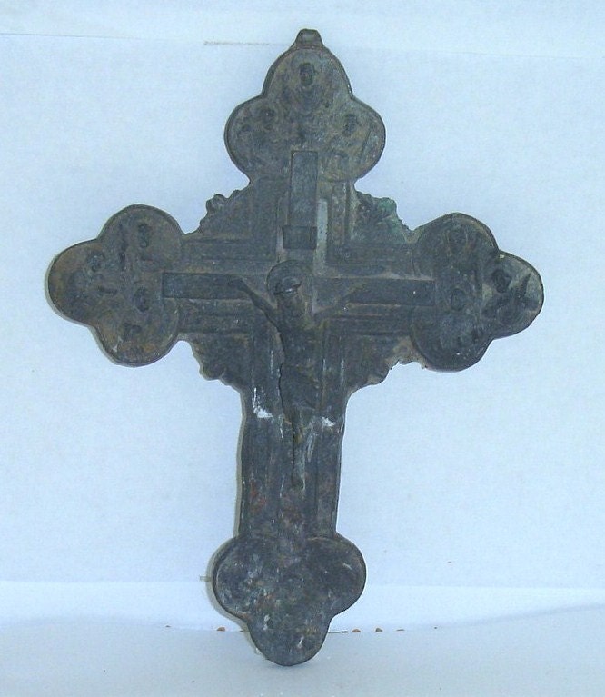Antique 18th/19th Century Patinated Cast Bronze European Architectural Element Old Church or Convent Crucifix Cross Wall Plaque