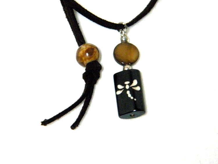 Dragonfly Etched Bone and Amber Shell Beaded Adjustable Suede Bookmark