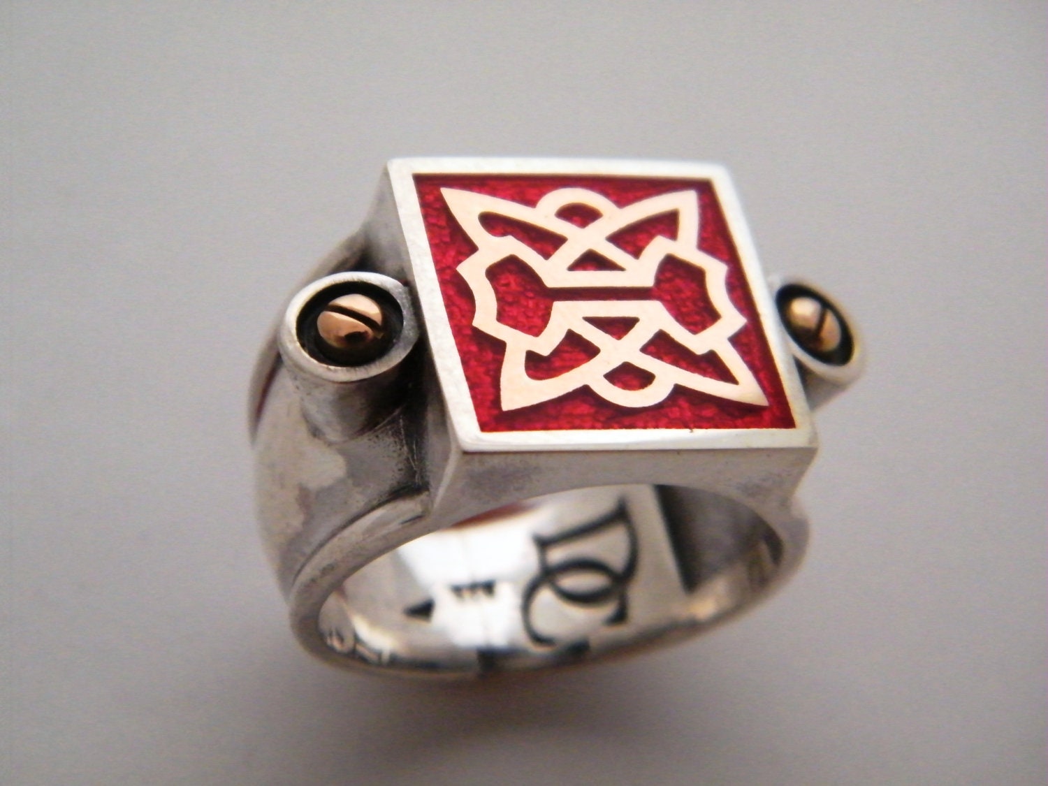 for Men and Women Ring Sterling Silver with 9k Gold and Enamel black and red Unisex
