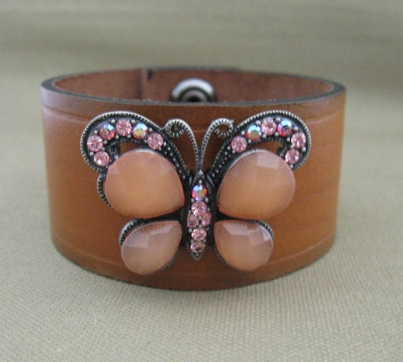 Leather Cuff Statement Bracelet Rhinestone Butterfly