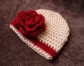 Crochet Winter Baby Hat - Tan Baby Girl Beanie with Deep Red Rose Flower
