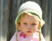 Preppy Toddler Hat with Ear Flap - Crochet Kid's Hat in Cream, Pink, and Green with Braided Ties