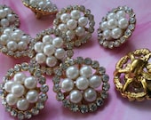 Gold Metal  Buttons with Rhinestone and Ivory Pearls. 10  Pieces  18 mm . Bridal accessory