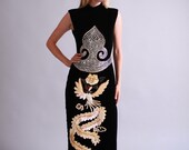 vintage cheongsam / 70s 80s silk velvet embroidered chinoiserie dress / Golden Pheonix