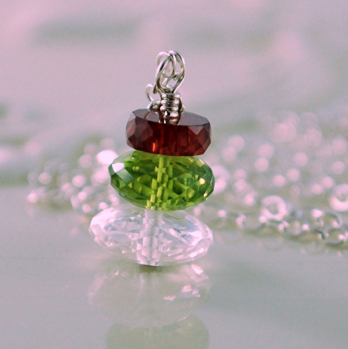 Christmas Necklace Red Garnet Lime Green Peridot Crystal Quartz Semiprecious Gemstone Sterling Silver Holiday Jewelry Complimentary Shipping