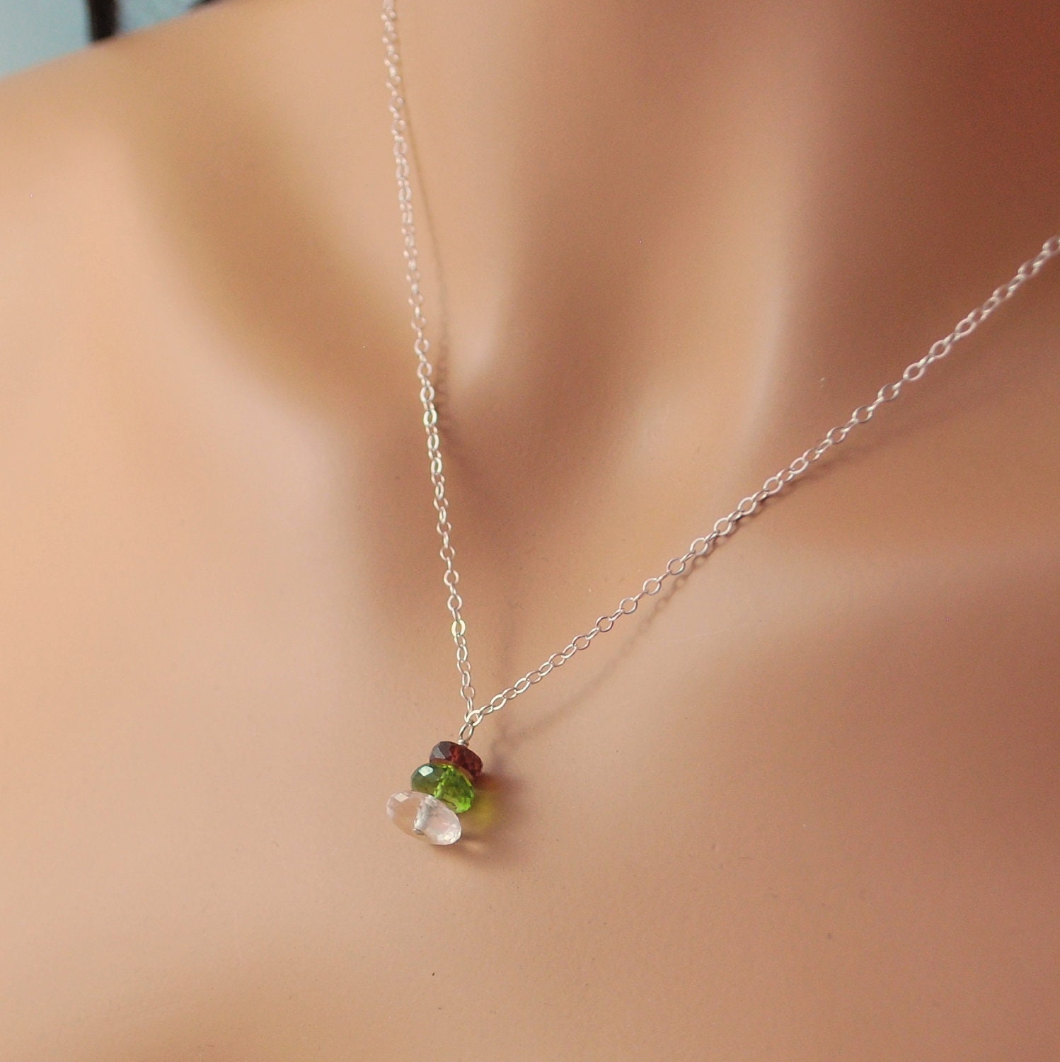 Christmas Necklace Red Garnet Lime Green Peridot Crystal Quartz Semiprecious Gemstone Sterling Silver Holiday Jewelry Complimentary Shipping