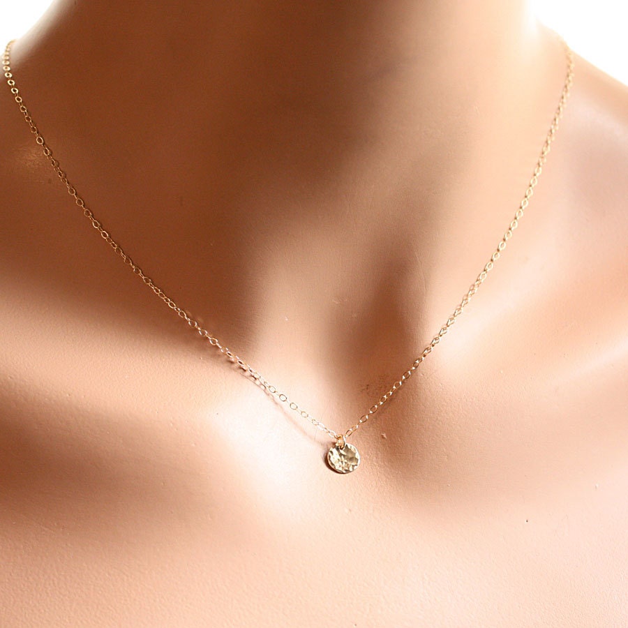Tiny Disc Necklace - Hammered Gold Filled Circle Charm - Minimal Everyday Simple Layering Necklace - 14k Gold FIlled, Dainty