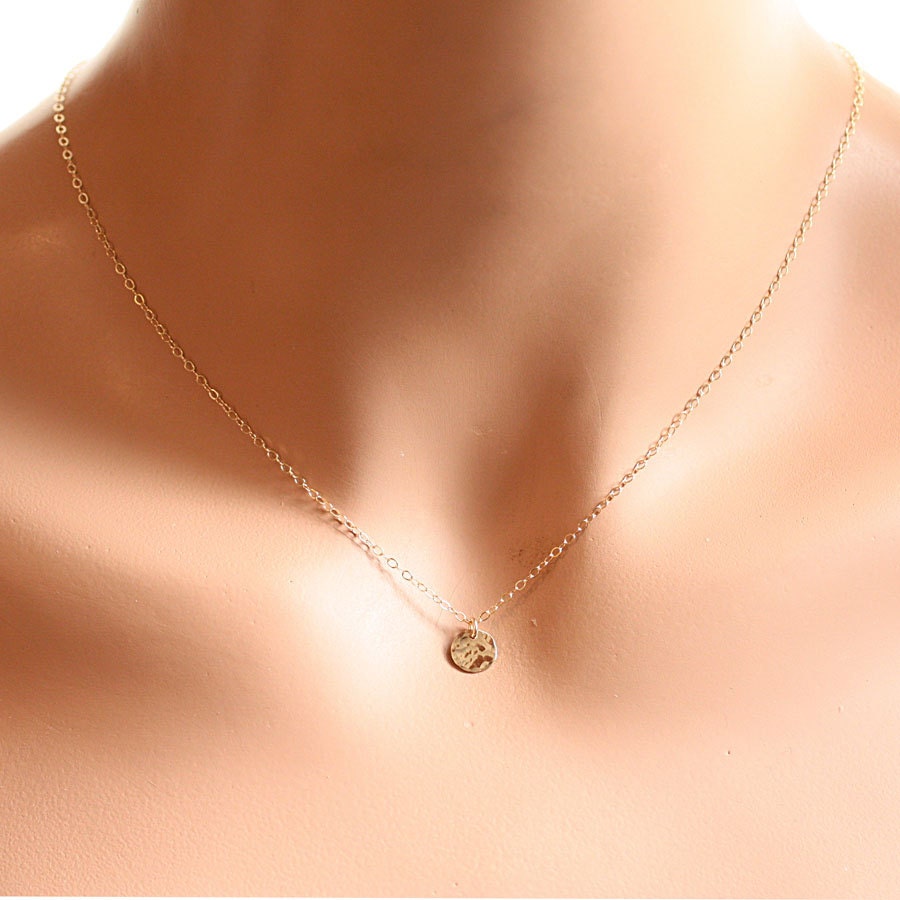 Tiny Disc Necklace - Hammered Gold Filled Circle Charm - Minimal Everyday Simple Layering Necklace - 14k Gold FIlled, Dainty