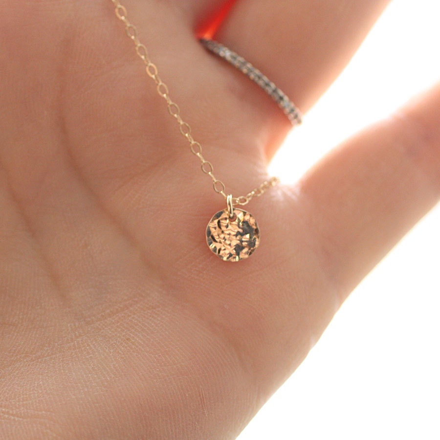 Tiny Disc Necklace - Hammered Gold Filled Circle Charm - Minimal Everyday Simple Layering Necklace - 14k Gold FIlled, Dainty