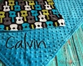 Personalized Minky Baby Blanket - Groovy Guitars  with Teal Minky for your Baby Boy - Personalization Included- Made To Order