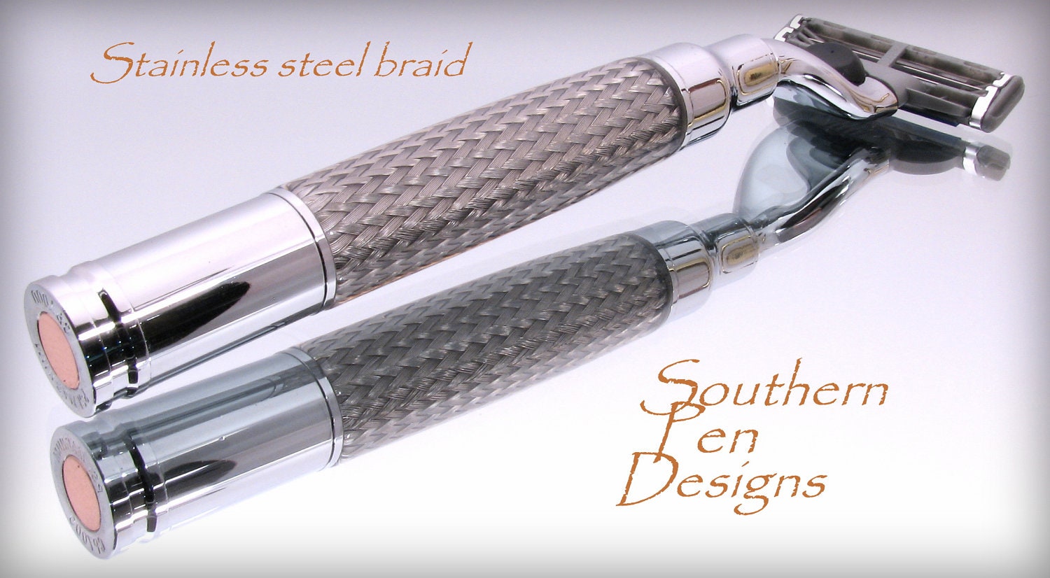 Mach 3 Razor in chrome and hand cast stainless steel braid. Magnum bullet .