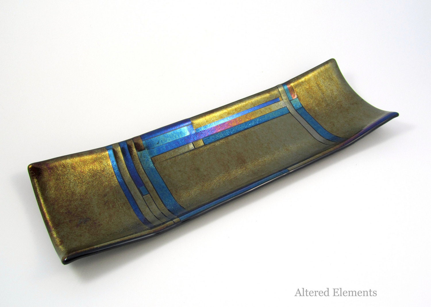 Fused Glass Serving Tray - Iridized Glass in Gold - Inlaid with Green, Blue and Purple - Home Decor - Serving Vessel