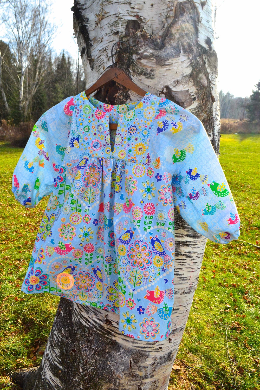 Tunic Dress Light  Blue Birds Cotton Size 2