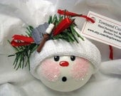 Camping Snowman Ornament Christmas Tree Bulb Snowball face Themed with a sleeping bag and a marshmallow on a stick Personalized