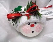 Italy Snowman Ornament Christmas Tree Bulb Hand Painted Glass Snowball Face Themed with Italy Personalized