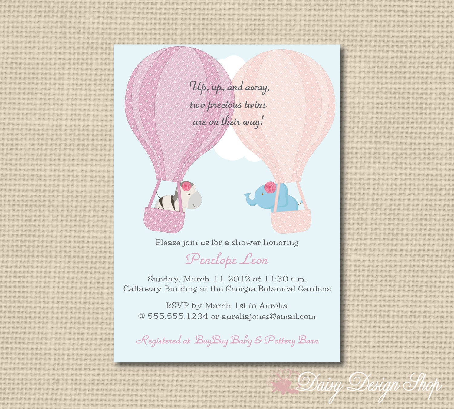 Baby Shower Invitation - Hot Air Balloons and Safari Animals - Polka Dots for Twin Girls