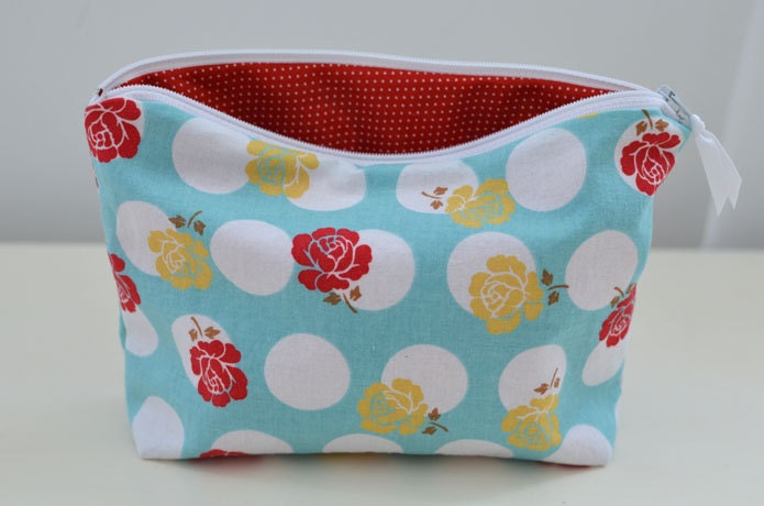 Zipper Pouch in Roses - aqua red mustard yellow polka dots makeup bag purse organizer  flowers lined school supply diaper bag