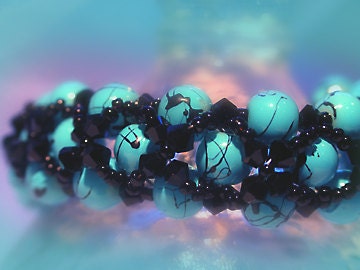 Bracelet - Glass Pearls and Beads - Black Splash Turquoise