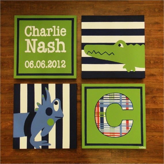 large nursery painitng- 4 canvas piece- M2M pottery barn alligator madras crib bedding- navy blue green- custom sizes and colors available