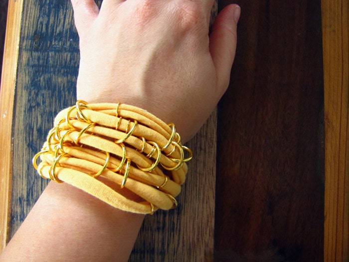 Chunky Golden Yellow Upcycled Cotton Jersey Bracelet with Goldtone Rings and Stone Charms