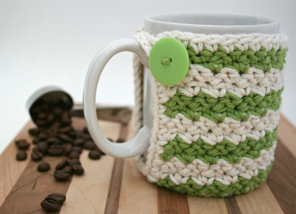 Crochet Cup Cozy - Coffee Cup Cozy - Green & Cream Striped Coozie - Mason Jar Cozy - Koozie