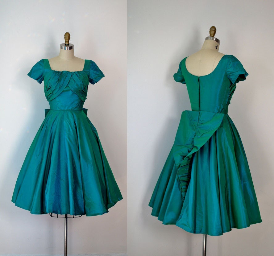 1950s Party Dress / 50s Emerald Green Taffeta Dress