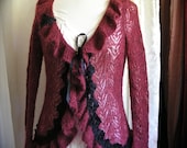 Red Altered Sweater, flounce collar, black lace trim, upcycled clothing, altered clothes, mohair sweater, LARGE