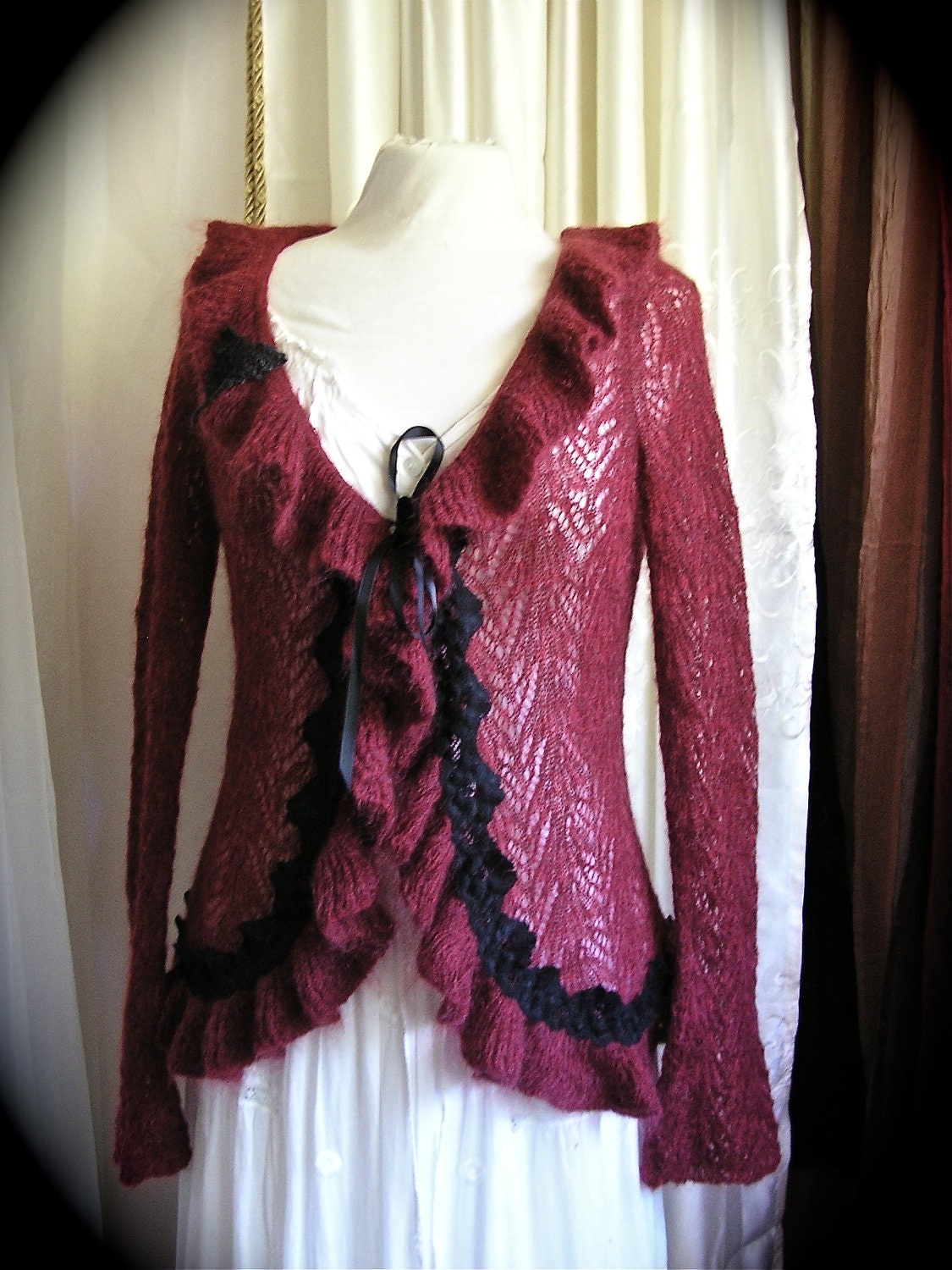 Red Altered Sweater, flounce collar, black lace trim, upcycled clothing, altered clothes, mohair sweater, LARGE