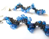 Spiral Wave earrings - delicas, seed beads, peyote, black and blue, sterling silver earwire