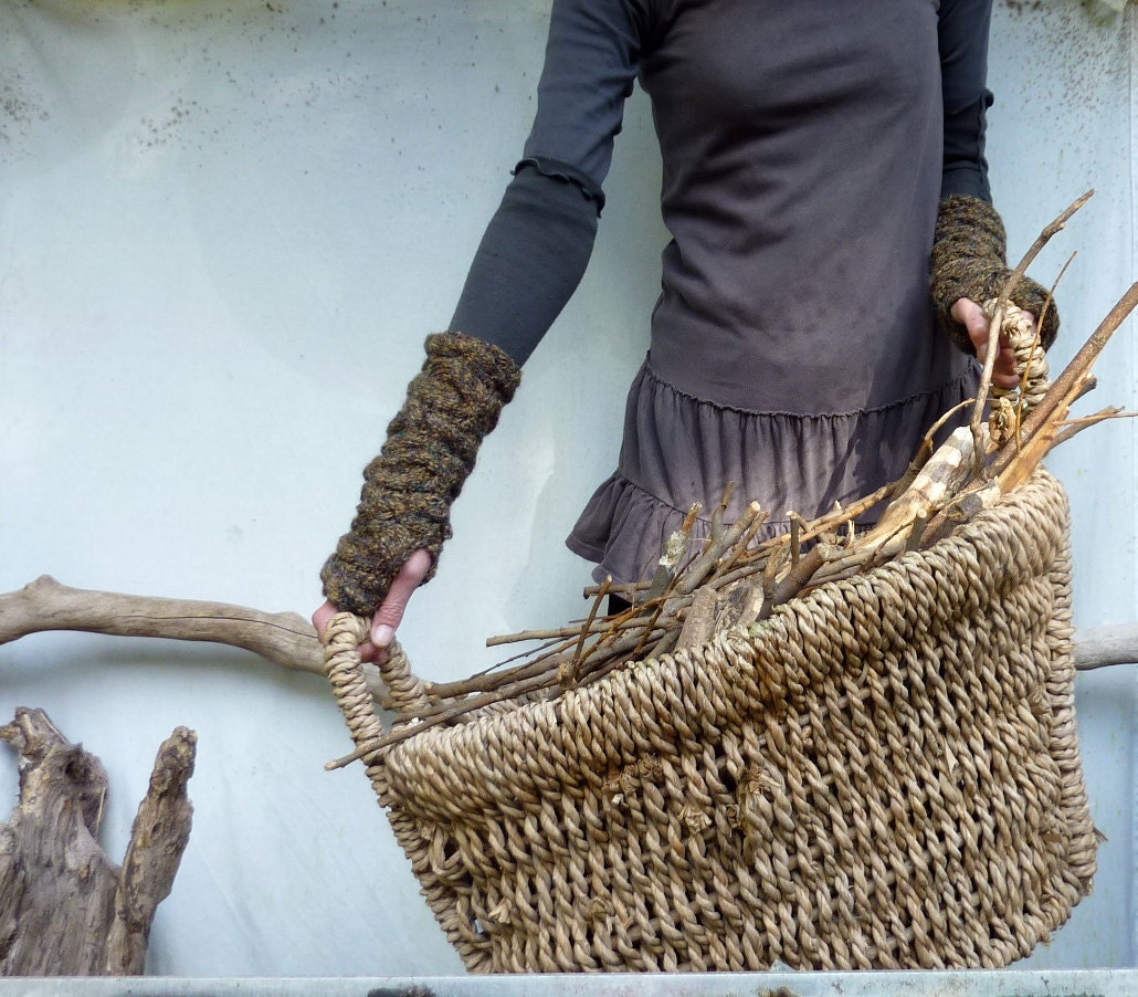 Woodswoman Warmers, hand knitted arm warmers, wool, cotton