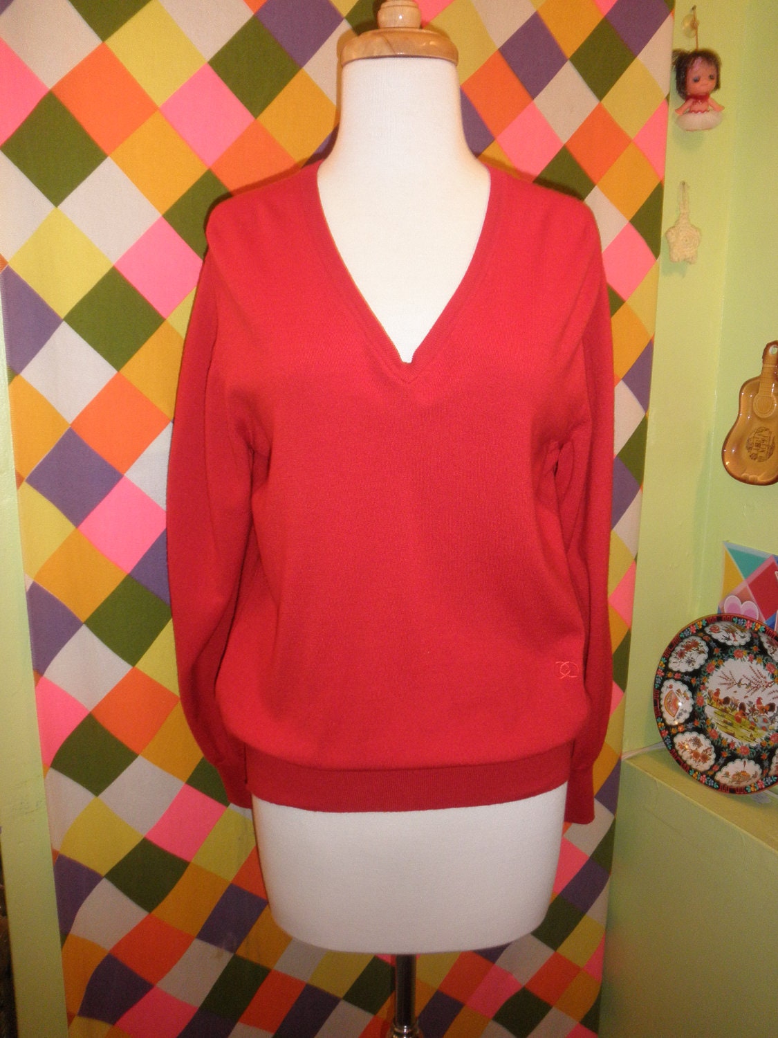 Vintage Gucci red wool silk sweater Designer Gucci Italy thin knit v-neck logo Sweater Shirt