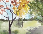 Reproduction Trees Fall Watercolor Painting Landscape