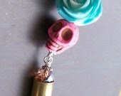 Sugar Skull Rose and Bullet Pendant Keychain Bullet Jewelry