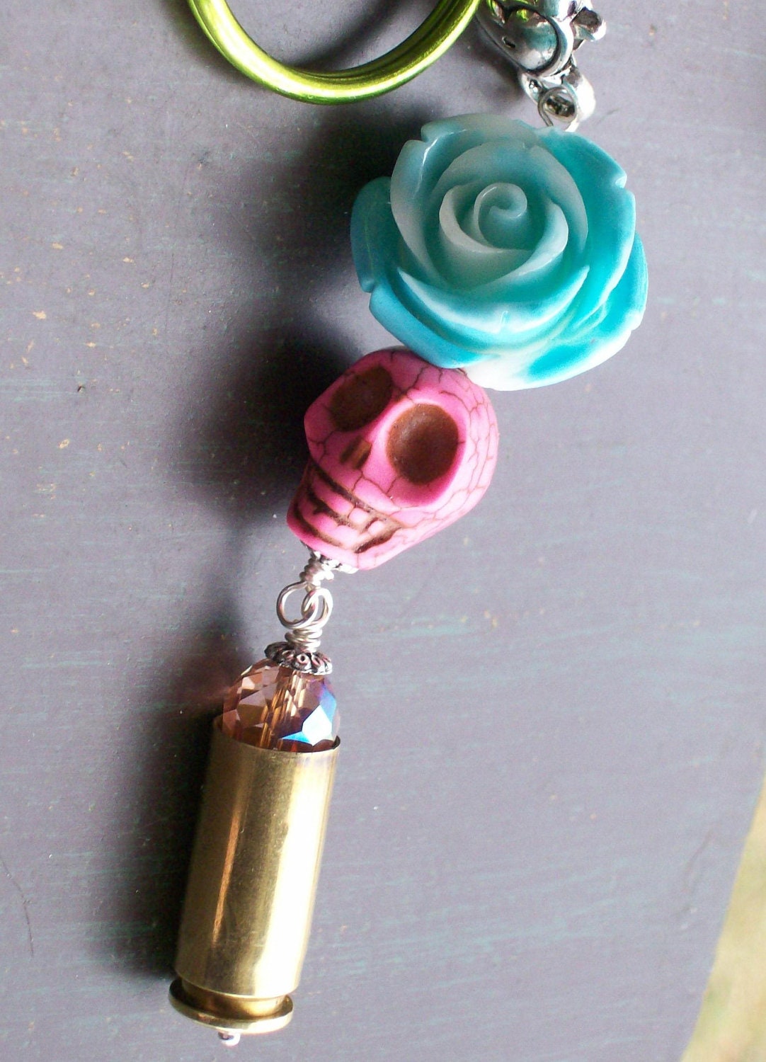 Sugar Skull Rose and Bullet Pendant Keychain Bullet Jewelry