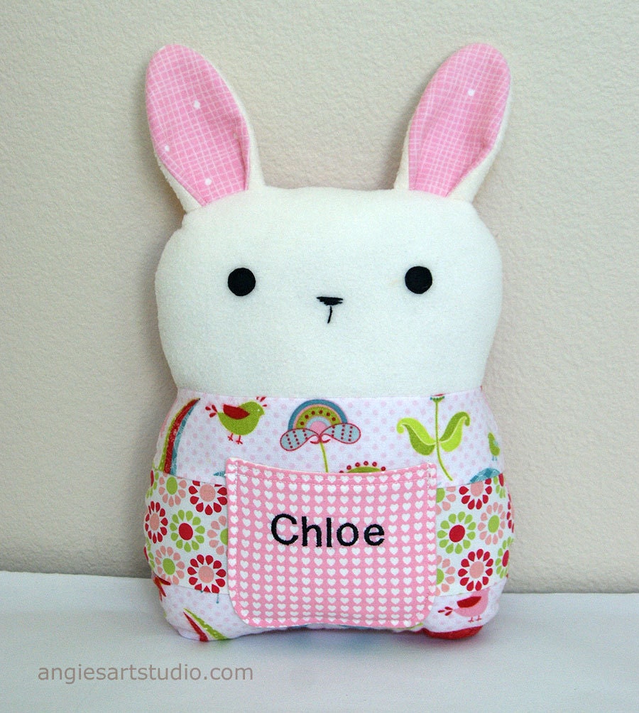 Personalized Patchwork Bunny Tooth Fairy Pillow Plush Stuffed Toy - Great Baby Girl Gift - Lovebirds in Pink