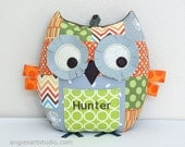 Personalized Medium Patchwork Owl Tooth Fairy Pillow Plush Stuffed Toy - great for baby boy or toddler - Orange, Gray and Green