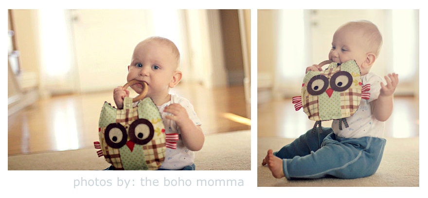 Stanley the Patchwork Owl Crinkle Toy comes with Detachable Organic Wood Teething Ring- Great Baby Boy Gift
