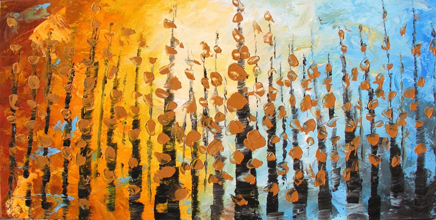 Whispering Leaves 45 x 23  Original Oil Painting Palette Knife Forest Fall Blue Orange Gold Leaf Trees ART  by Marchella - decorpro