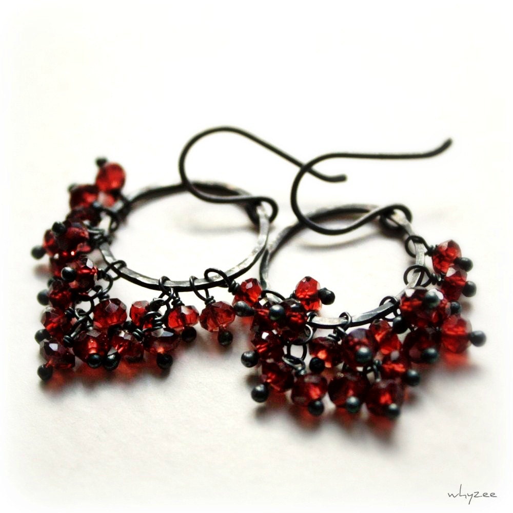 garnet sterling silver beaded hoop earrings oxidized - KALINA by Whyzee