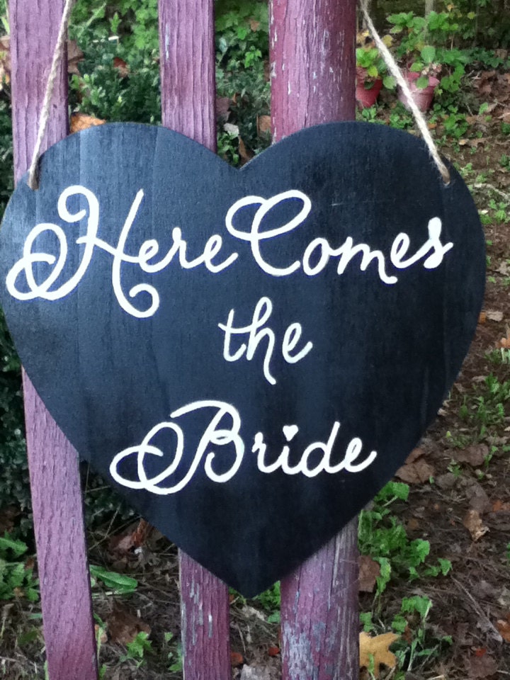 Double-sided Chalkboard Heart w/ Here Comes the Bride & Just Married Wedding Sign in Script Font Ring Bearer Flower Girl or car sign